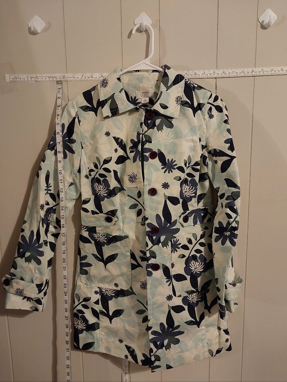 Loft Blue Floral Button Up Trench Coat Size XS